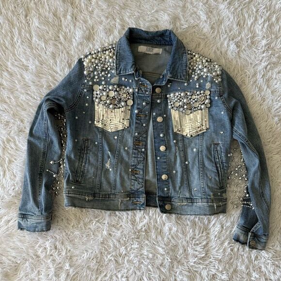 Custom Made Rhinestone and Pearl Bedazzled Disco Fringe Jean Jacket Size L - Picture 10 of 10